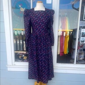 Laura Ashley Vintage Puff Shoulder Navy and Red Floral Long Sleeve prairie Dress